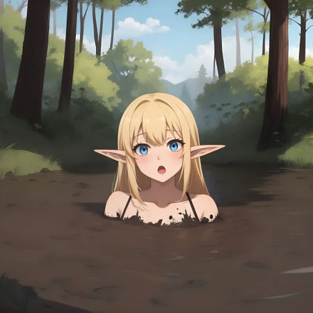 (anime),masterpiece,best quality,amazing quality,absurdres,1girl,quicksand,blue eyes,outdoors,mud bog, black mud, stuck, sinking, scared, swampland, robe, elf, blonde hair, :o, partially submerged
