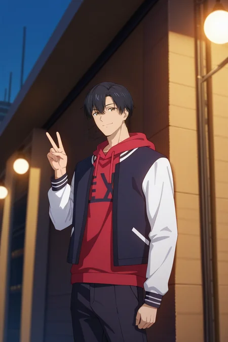 masterpiece, best quality, amazing quality, very aesthetic, high resolution, ultra-detailed, absurdres, newest, scenery, volumetric lighting, depth of field,anime screencap, , , 1boy, solo, male focus, <lora:yexiu:0.97>Ye Xiu, black hair,brown eyes, short hair,Looking at viewer, smile, long sleeves, hair between eyes,closed mouth,standing, jacket, cowboy shot, open clothes, pants, hood, open jacket, varsity jacket,white sleeves, hoodie, black pants,hood down, outdoors,finger raised,V sign, red hoodie,from below
