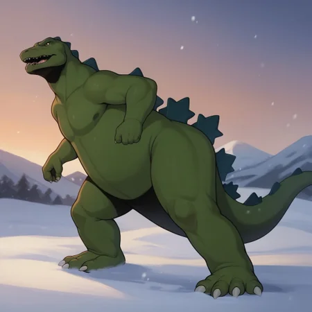 score_9, score_8_up, score_7_up, score_6_up, score_5_up, score_4_up, source_furry, godzilla78, feral, male, Godzilla, green skin, snow