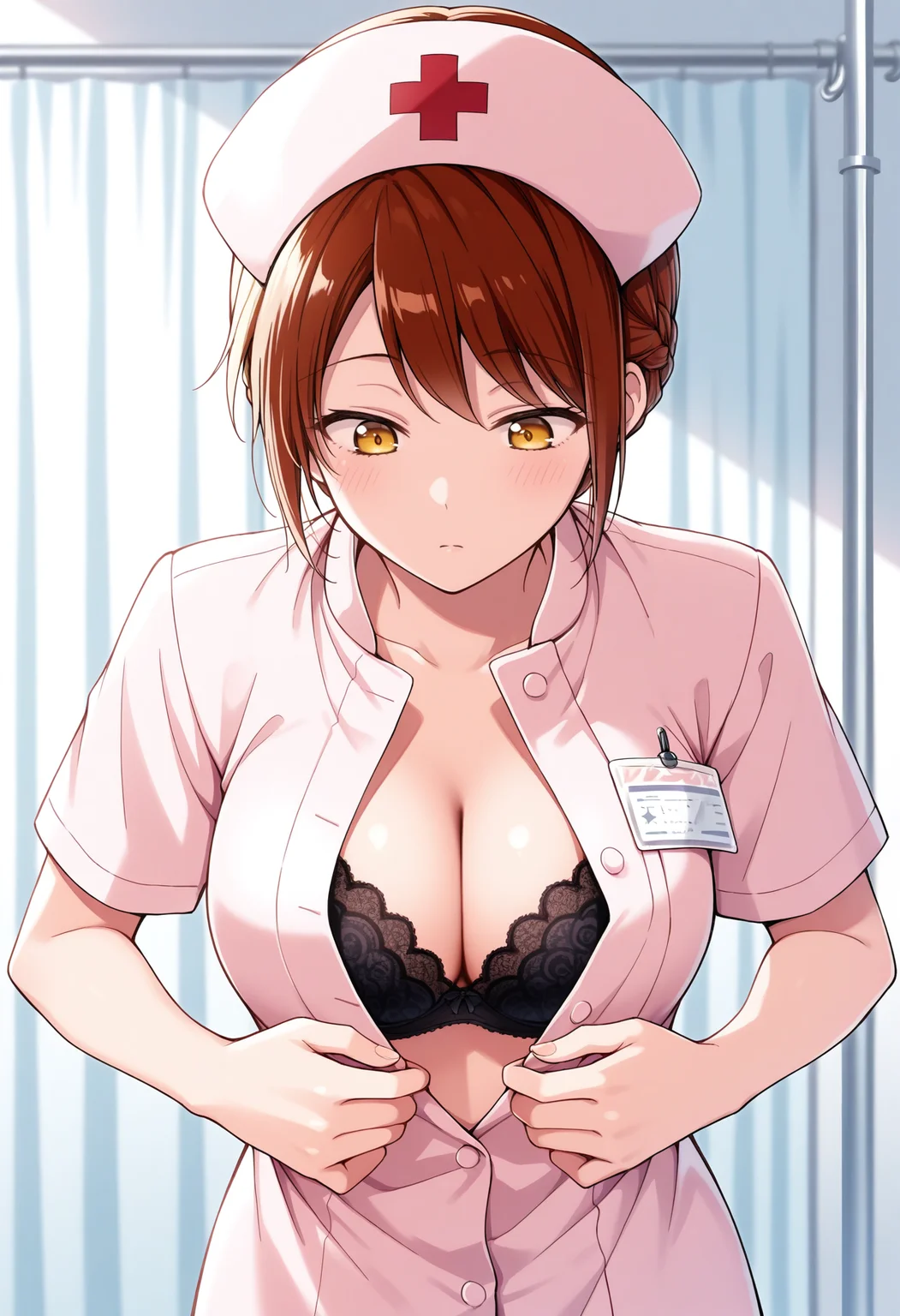 masterpiece, best quality,
<lora:yui_mitsuya_meipaws:1>1girl,solo, brown hair, nape braid, yellow eyes,
unbuttoned, buttoning, dressing, looking down, black bra, lace-trimmed bra, nurse cap, nurse, hospital,