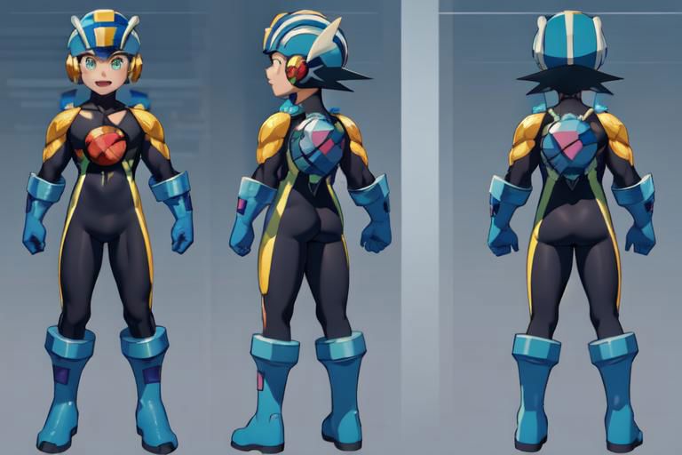 (masterpiece, official art), best quality, 1boy, solo, chara-sheet, megaman, blue footwear, blue headwear, bodysuit, boots, covered collarbone, yellow pauldron, full body, blue gloves, green eyes, helmet, blue backpack, looking at viewer, male focus, open mouth, purple bodysuit, simple background, smile, solo, standing, muscular, large pectorals, thick thighs