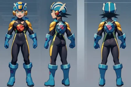 (masterpiece, official art), best quality, 1boy, solo, chara-sheet, megaman, blue footwear, blue headwear, bodysuit, boots, covered collarbone, yellow pauldron, full body, blue gloves, green eyes, helmet, blue backpack, looking at viewer, male focus, open mouth, purple bodysuit, simple background, smile, solo, standing, muscular, large pectorals, thick thighs