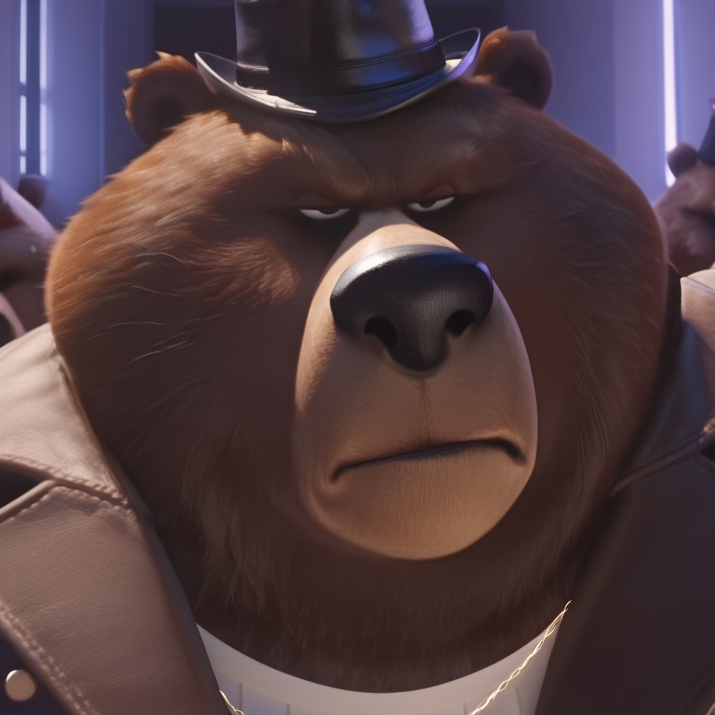 awa,masterpiece,best quality,absurdres,newest,perfect quality,detailed background,intricate details, Bear_leader, bust shot, realistic, closed mouth, Angry, face shot, Brown Jacket, white shirt, gold chain, hat, looking at viewer, half closed eyes, front view , indoors, serious