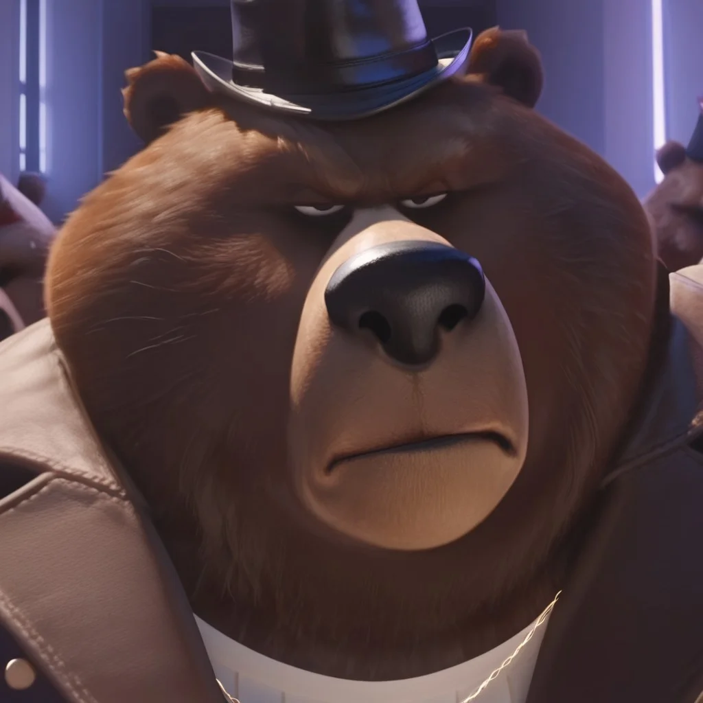 awa,masterpiece,best quality,absurdres,newest,perfect quality,detailed background,intricate details, Bear_leader, bust shot, realistic, closed mouth, Angry, face shot, Brown Jacket, white shirt, gold chain, hat, looking at viewer, half closed eyes, front view , indoors, serious