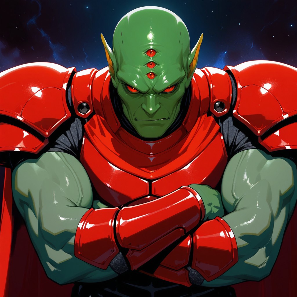 masterpiece, best quality, amazing quality, very aesthetic, absurdres, newest, drvenoilxl, 1boy, red eyes, male focus, pointy ears, green skin, red full armor, red armor, ((old man)), wrinkles, alien, looking at viewer,  solo, dark space background, scowl, arms crossed, very muscular, close up, red vambraces, pauldrons, red cape, extra eyes