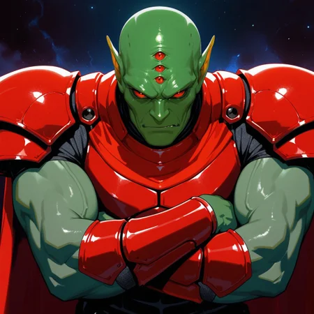 masterpiece, best quality, amazing quality, very aesthetic, absurdres, newest, drvenoilxl, 1boy, red eyes, male focus, pointy ears, green skin, red full armor, red armor, ((old man)), wrinkles, alien, looking at viewer, solo, dark space background, scowl, arms crossed, very muscular, close up, red vambraces, pauldrons, red cape, extra eyes