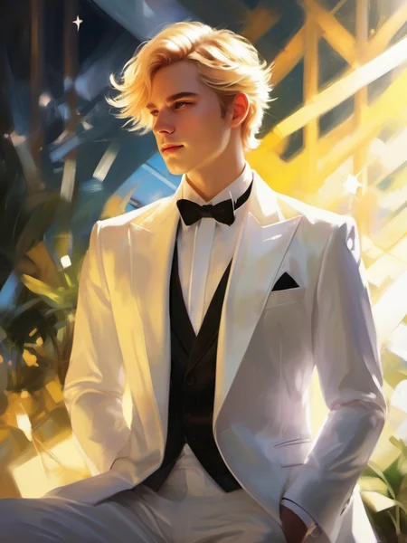 1 male, blonde hair, short hair, solo, magic, white tuxedo, sunshine on hair