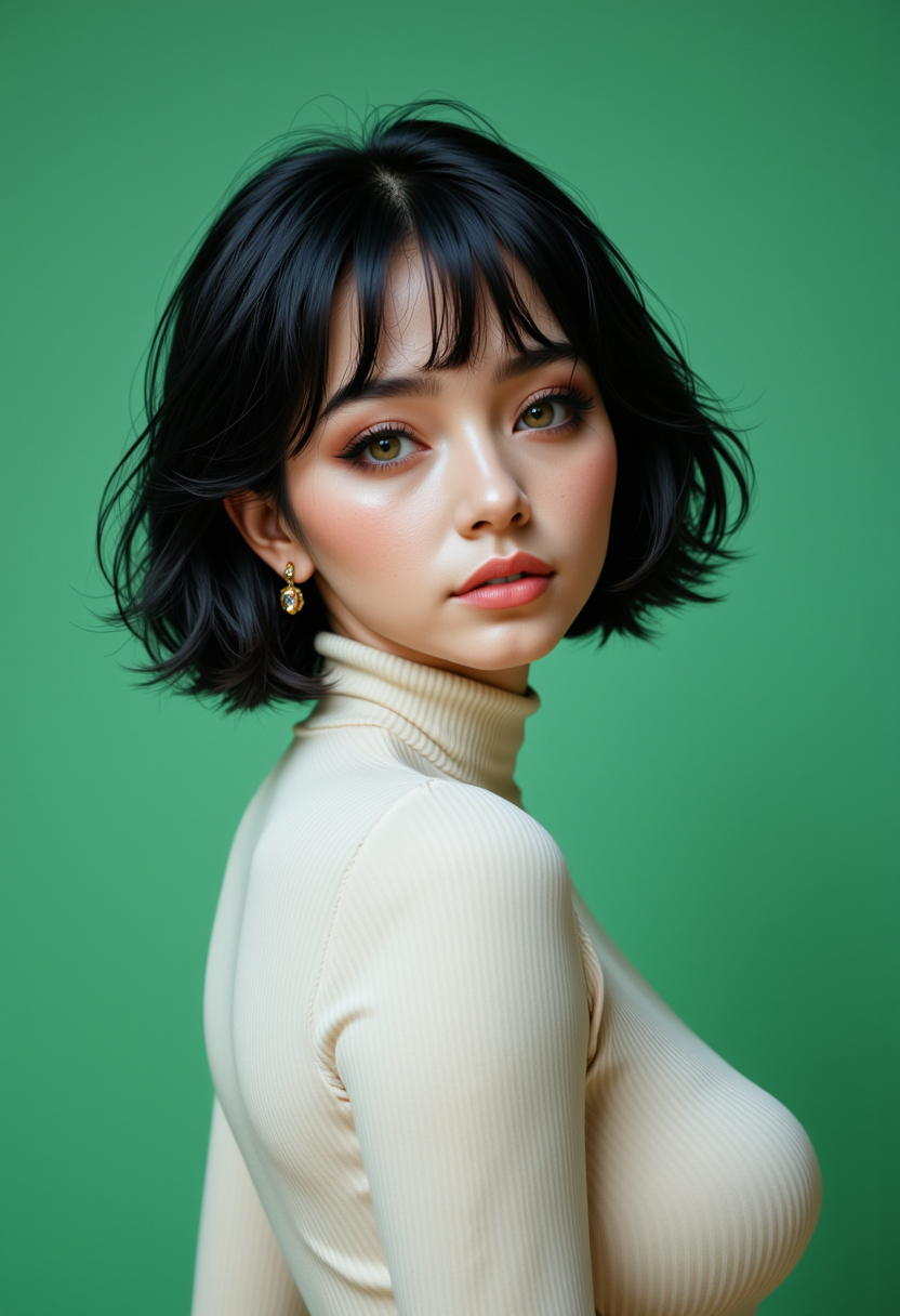 Headshots,masterpiece, a beautiful woman,Hyperrealistic, she is smiling, dynamic angles, multiple angles, photoshoot poses; A photo of Dark hair female  1lv, a woman with short hair, she has massive breasts, a beautiful girl,she is wearing a white turtleneck sweater.she has massive breasts, she has piercing eyes. a dynamic pose and a sense of action. simple green background, and the lighting is soft, creating a dramatic effect, creating a focused and dynamic pose.; the scene is set in a beautiful well-lit environment, with a sense of action and adventure. Style: realistic hyper-detailed rendering, 32k UHD, expressive eyes, punk, graphic design, girl's face, pretty and cute, gleaming lips, telling a tale of adventure. Exuding confidence and serenity. The overall mood of the image is happy and relaxed, detailed skin texture,(blush:0.2),(goosebumps:0.3), subsurface scattering,with a playful and whimsical tone,perfect hand, hand, detailed hand,niji style,retro50s_style,
