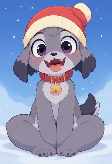 score_9,score_8_up,score_7_up,very aesthetic ,(masterpiece:1.4), (best quality), (colorful), (detailed), cinematic lighting, volumetric lighting, Doctor (Bluey), girl, dog, gray beard, schnauzer, Miniature Schnauzer, solo dog, sitting on the snow, open mouth, tongue, teeth, look at viewer, gray skin, fluffy, beard, fluffy, happy, dog collar, red hat with pompom (background: winter book illustration, snowfall, dawn)