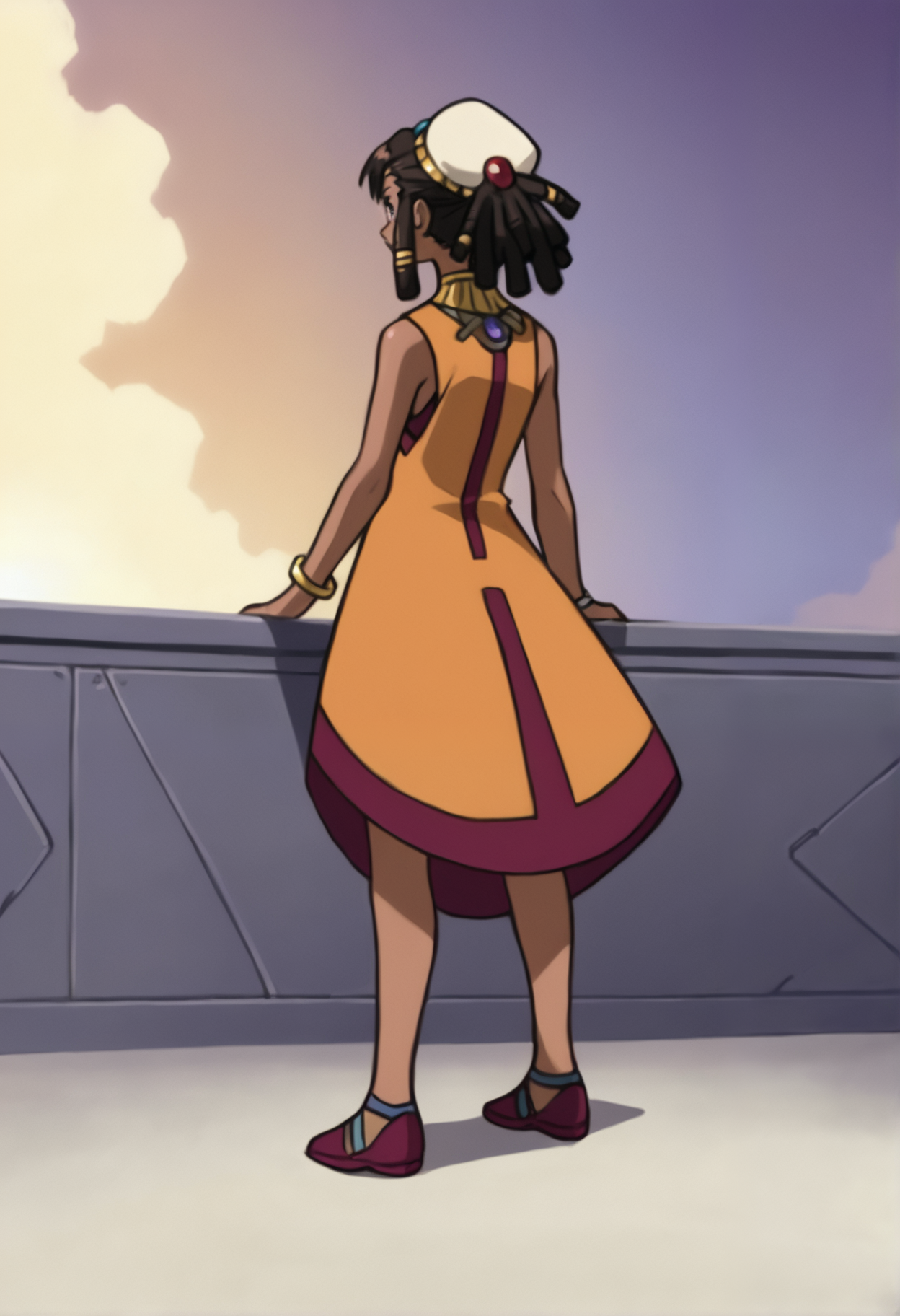 score_9_up, source_anime, amarone_sliantheav, 1girl, from behind. full body. brown hair, dark skin, dark-skinned female,  black hair,  jewelry, short hair, brown eyes, purple eyes, bracelet,   sidelocks, long hair, ponytail,  dreadlocks, asymmetrical bangs, hat,dress,sleeveless. smile.