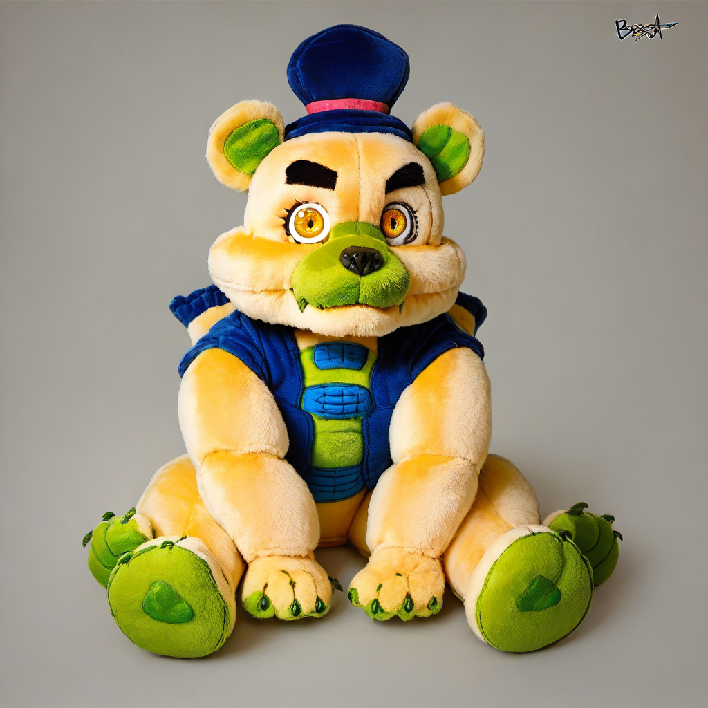 <lora:saucebear_ponyxl-10:1.7>  score_9, score_8_up, score_7_up, score_6_up, score_5_up, score_4_up, epic,hdr,bokeh, ((saucebear)), blue hat, bear face, bear ears, yellow eyes, white fur, green chest, blue vest, detailed eyes, detailed fur, full body, looking at the view, fumo style, sitting, simple background, toys, toys, mikus-fumo, (plush)  <lora:mikus-fumo:1.0>