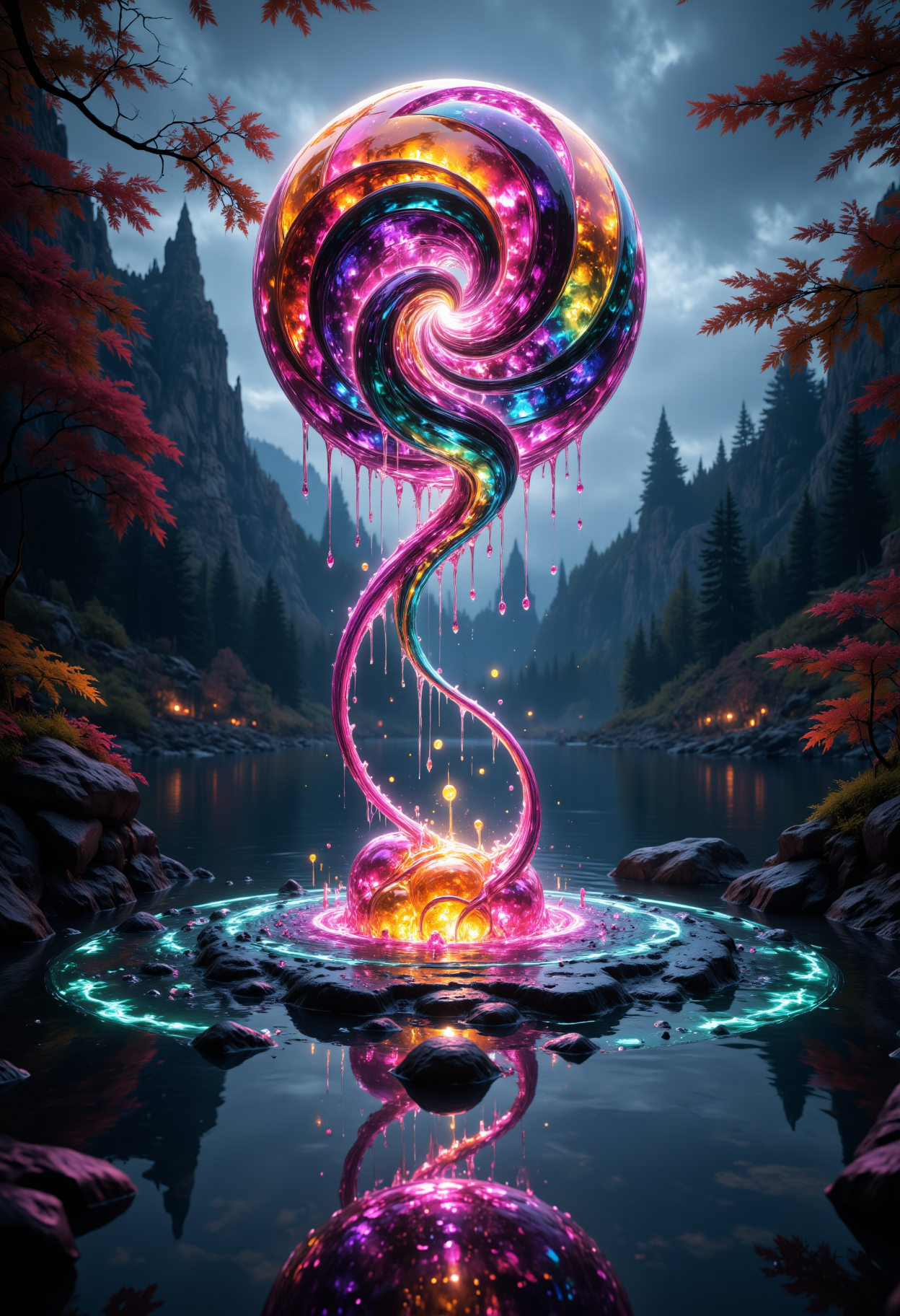 a still mysterious lake, colorful autumn forest background, overcast sky,  a bright brilliant and eerie light emits from the bottom of the lake, a spiraling helix of multiple water tendrils rises up twisting  out of the water, It reaches like ribbons for a large colorful glowing gemstone sphere that is levitating above the lake, mist, highly detailed and cinematic, aidmasoftglow , aidmaMJ6.1, aidmaHyperrealism<lora:MysticFantasydetailer:0.6> <lora:aidmaSoftGlow:0.8> <lora:aidmaHyperrealismv0.3:0.4> <lora:aidmaMJ6.1v0.4:0.4>