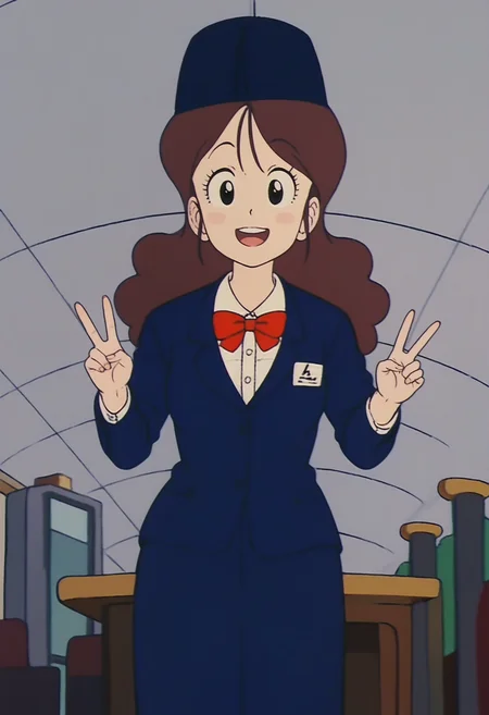 score_9, score_8_up, score_7_up, score_6_up, score_5_up, score_4_up, source_anime, BREAK
<lora:DBExtraGirl03FFA:1>, DBExtraGirl03FFA, brown hair, long hair, black eyes, breasts,
attendant hat, blue jacket, white collared shirt, red bowtie, skirt, suit,
looking at viewer, v sign, smile, open mouth, 
BREAK indoors,