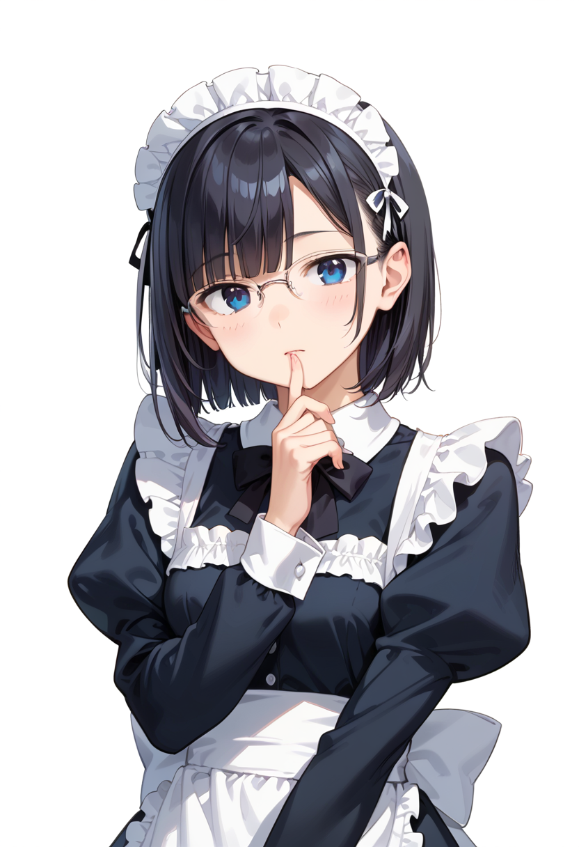 score_9, score_8_up, score_7_up, rating_safe, masterpiece, best quality, absurdres, unity 8k wallpaper, official art, official style, source_anime, uncensored, game cg, megami magazine,
1girl, solo, black hair, medium hair, upper body, covered eyes,maid, maid headdress, black dress, maid apron, face focus,
halfrim17s,  still life, white background, simple background, grey-framed eyewear,
 <lora:glasses_halfrim17S_PONY_V1:1>