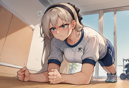 score_9, score_8_up, score_7_up, source_anime, 1girl, planking, exercise, clenched hands, <lora:Planking_XLPD:1>, gym uniform, sweat, annoyed, full body, anger vein, <lora:elie-pdxl-nvwls-v1:1> zeroElie, black hairband, hair ribbon, long hair,