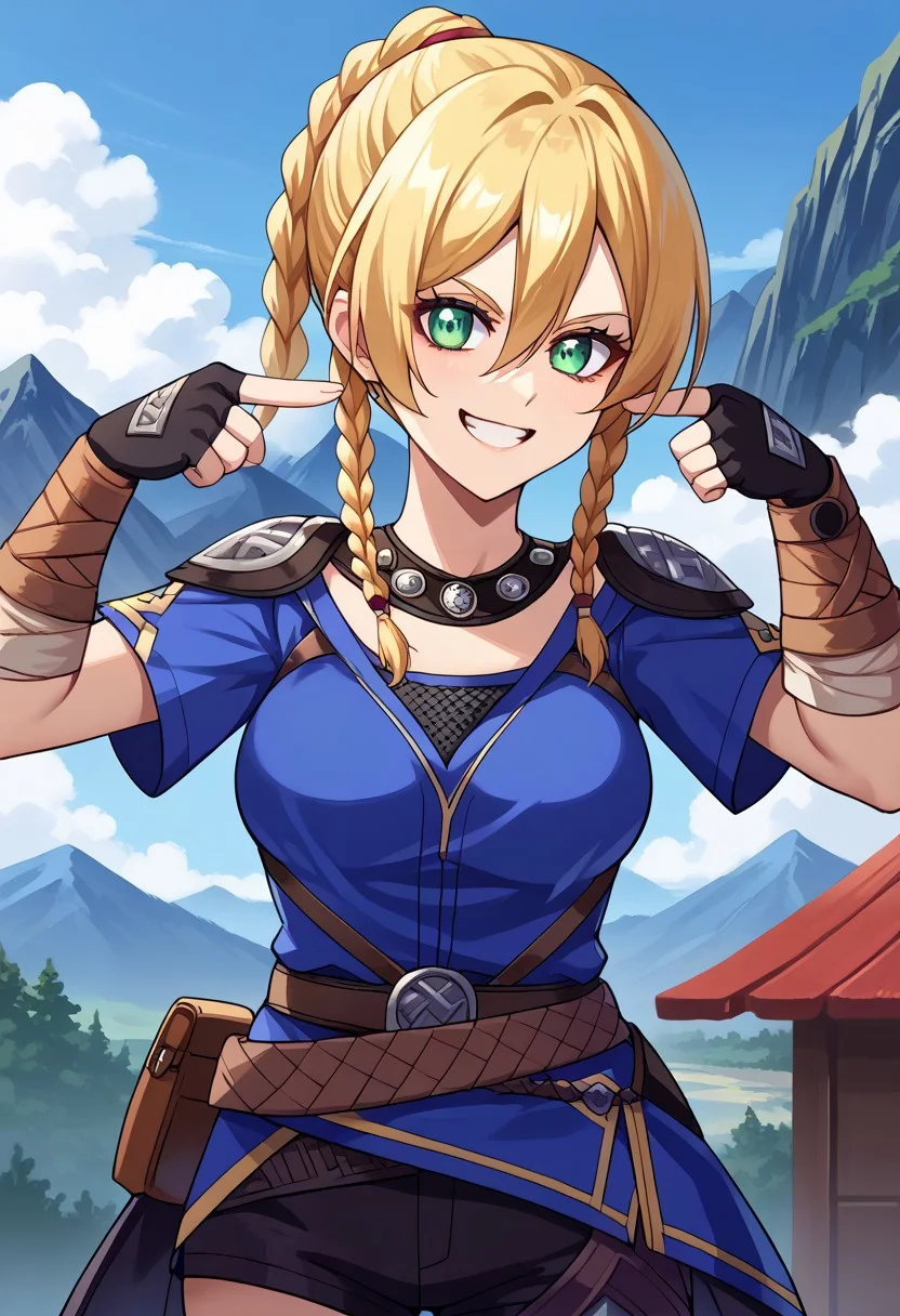 score_9, score_8_up, score_7_up, source_anime, 1girl, duofinger, pointing at self, upper body, <lora:DuoIndexFingerPointingAtSelf_XLPD:1.1>, <lora:yskarja-pdxl-nvwls-v1-000005:1> ysKarja, blonde hair, braided ponytail, twin braids, green eyes, feathers, necklace, shoulder armor, blue tunic, belt, black shorts, armored legwear, fingerless gloves, medium breasts, grin, looking at you, blue sky, mountains