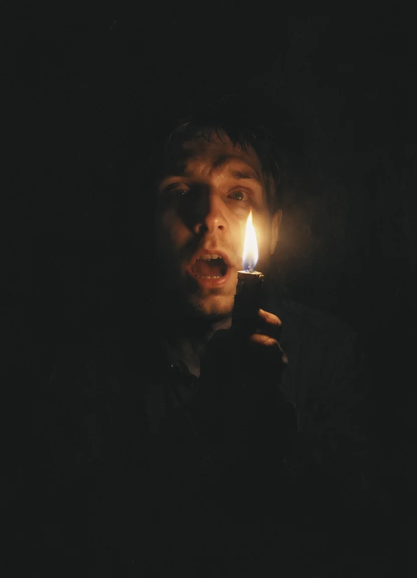 horror, shines a lighter on himself from below, Face lighting from below, bottom view, lighter in hands, 8k, <lora:- SDXL - vant_blk_contrast_V2.0:0.7> <lora:Desolation:0.5>