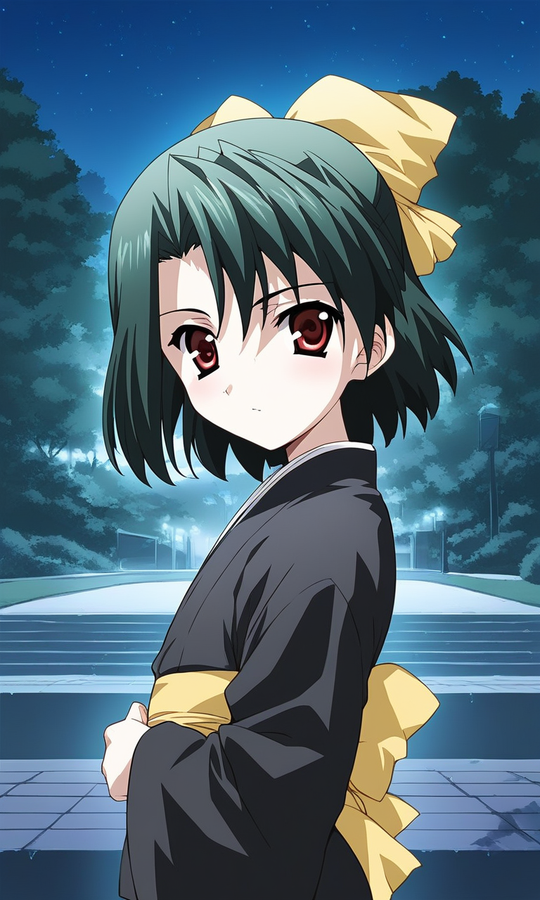 score_9, score_8_up, score_7_up, source_anime, rating_explicit, BREAK  <lora:Kiyoura_Setsuna_XL:0.9> Kiyoura_Setsuna, black hair, green hair, short hair, Yellow ribbon, pony_tail, red eyes, hair ribbon, flat chest,hair
1girl, black kimono, japanese clothes, 
looking at viewer, long sleeves, bow, standing,
cowboy_Shot,
night, park,