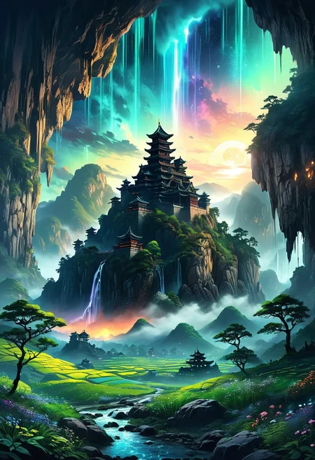 (by Ellen Jewett:1.5), (Bioluminescent Impressionism, alien mountain landscape , The Dreamland, A captivating night scene illustration featuring a Korean castle base on a great great mountain. The great castle stands proudly on the great great mountain. This enchanting artwork captures a dark but comforting night, where a brilliant moon hangs above and over the great valley and great Korean castle in Korea which stands resolute amidst the great mountains, creating a cinematic experience., space_backround, illustration, cinematic
<lora:DonM3t3rn1tyXL-v1.1:0.7>, DonM3t3rn1tyXL,
OverallDetailXL <lora:MJ52:0.3> <lora:SDXLFaeTastic2400:0.4> <lora:EpicF4nta5yXL:0.7>. great beams of light shooting up into the sky, sky sunset, sunrise ,waterfall, ethereal landscapes, depth of field, biotech emotion:1.3) <lora:xl_more_art-full_v1:0.5> <lora:add-detail-xl:1> <lora:RMSDXL_Creative:2>