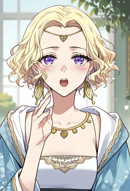 zPDXL3, score_9_up, score_8_up, score_7_up, (Anime_source), 1girl, twhispering, hand up, Princia, purple eyes, blonde hair, short hair, upper body, looking at viewer, open mouth, blush