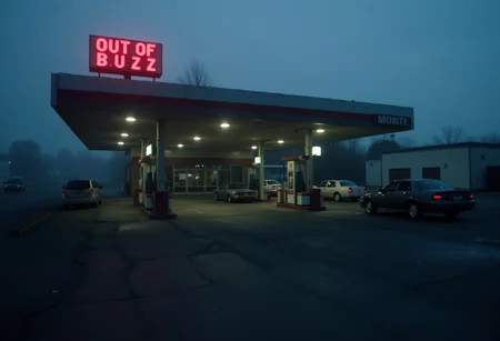 Abandoned gas station, windows lit up, foggy slightly covering the building, on top is red LED sign that says OUT OF B U Z Z, cars are parked outside, trash litters the streets <lora:Dark Cinematic:1> DRK