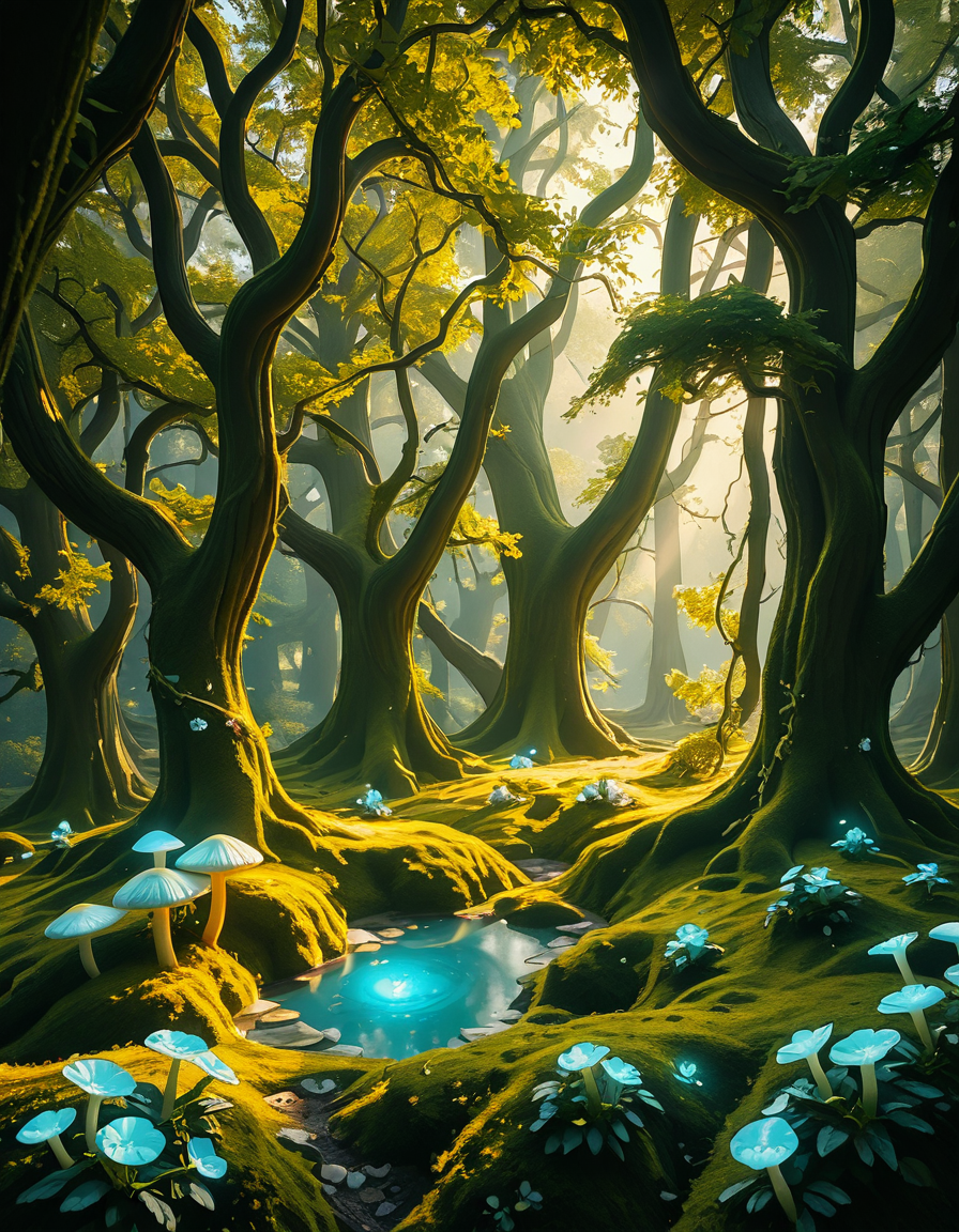 A mystical enchanted forest bathed in a soft, ethereal glow. Towering ancient trees with twisted roots and bioluminescent moss create a dreamlike atmosphere. The air is filled with a faint, magical mist that swirls gently around vibrant, oversized mushrooms and glowing blue and purple flowers. Delicate fireflies and tiny floating orbs of light hover in the air, illuminating the dense foliage with a magical shimmer. A narrow, winding path covered in soft moss leads deeper into the mysterious woodland, where faint beams of golden sunlight filter through the thick canopy, casting intricate patterns on the forest floor. The colors are rich and vibrant, with deep emerald greens, soft blues, and glowing purples creating a surreal and otherworldly ambiance. The scene is highly detailed and photorealistic, capturing the textures of the moss-covered tree trunks, the luminescent flora, and the misty, dreamlike atmosphere of the enchanted forest.
<lora:SDXLFaeTastic2400:0.4> <lora:extremely_detailed:0.4> extremely detailed,<lora:3nch4nt3d_f0r3st-ill:1>,3nch4nt3d f0r3st, Masterpiece,best quality,hi res,8k,hi res,8k,award winning,(sharp focus, intricate, highly detailed),