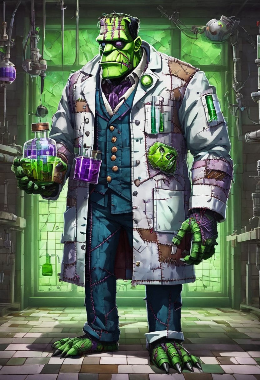 fleshmutant frankenstein's monster wearing a labcoat and holding a beaker inside of a laboratory,patchwork creature,patchwork skin,2d,anime