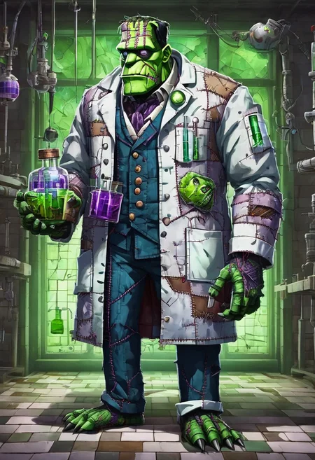 fleshmutant frankenstein's monster wearing a labcoat and holding a beaker inside of a laboratory,patchwork creature,patchwork skin,2d,anime