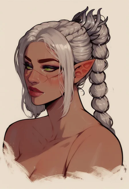 score_9, score_8_up, score_7_up, western cartoon, 1girl, shadowheart, white hair, eyeshadow, long hair, braided ponytail, braid, green eyes, elf, pointy ears, solo, upper body, detailed face, beautiful face, scar on face,