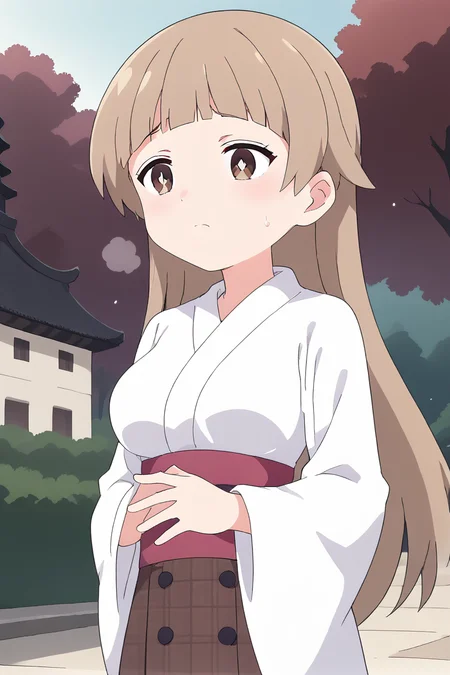 score_9, score_8_up, score_7_up , source_anime, solo, intricate details, masterpiece, high quality, prefect hands, best quality , anime screencap, <lora:DetailedEyes_V3:1> , KatanoPN, 1girl , brown eyes , white pupil , brown hair , long hair , medium breast , ,outdoors,temple ,Nighttime, firework ,standing, white kimono , upper body, <lora:Katano_Bat_Holy_Envoy_Cross_Near_Heart:1> , sweating , sweat