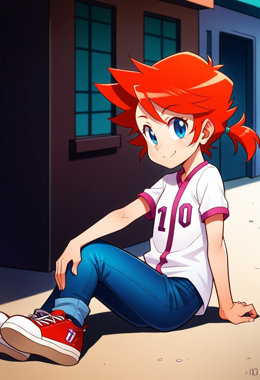 score_8, score_8_up, score_7_up, 1girl, female focus, solo, Pep_pum, red hair, pointy hair, low ponytail, short ponytail, blue eyes,baseball jersey, number print, short sleeves, asymmetrical clothes, jeans, blue pants, reinforced knee, sneakers, red footwear, outdoors, smile, building