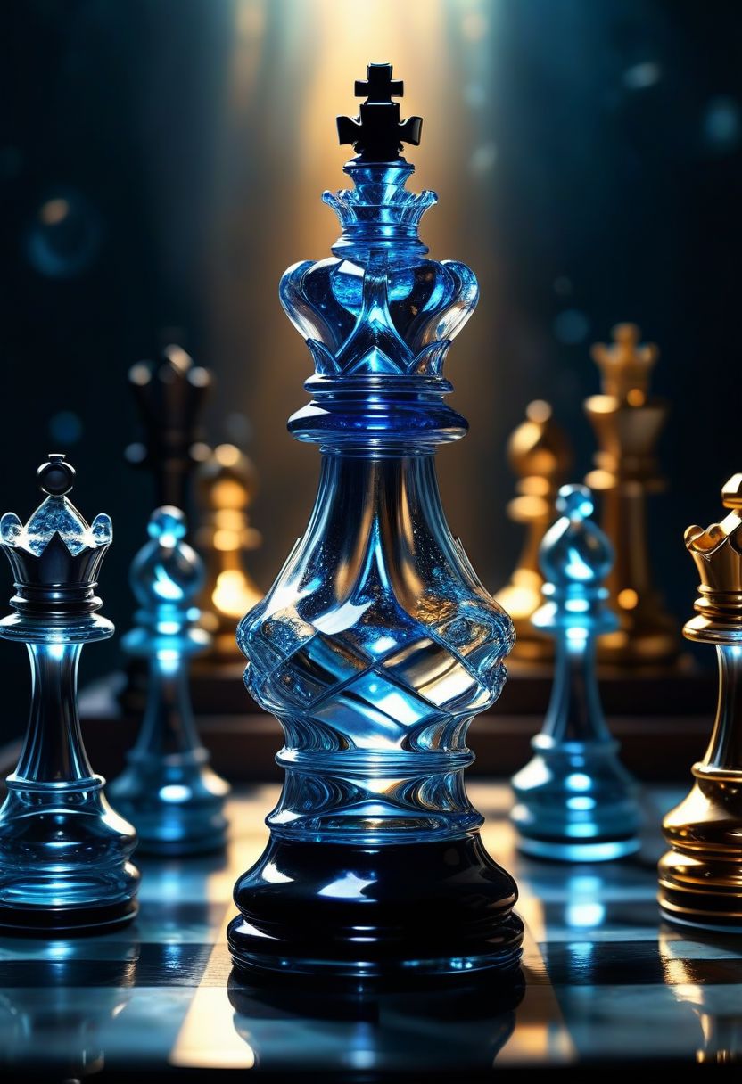 [Masterpiece. Realistic. Transparent Beings. Everything in this universe is made out of sparkling glass crystals. A chess piece made of crystals. hand moving chess piece, asari hand, blue skin, female hand, black nail polish, Water explosions. Transparent or silver body parts.], detailed, romantic, very inspirational, beautiful, elegant, lovely, cute, pretty, modern, epic composition, fabulous atmosphere, cinematic light, dynamic dramatic ambient, Vibrant Colors 
ral-tr33brnch, Arttrttrt, extreme Long Shot, masterpiece, intricate detail, best quality, absurd resolution, Gothic, black stone with golden stripes, elegant, luxury, royal, expensive, 
Stylized chess pieces. Queen chess, Chess game, chess board, luxury and golden design. Photo realistic, cinematic light, concept art.