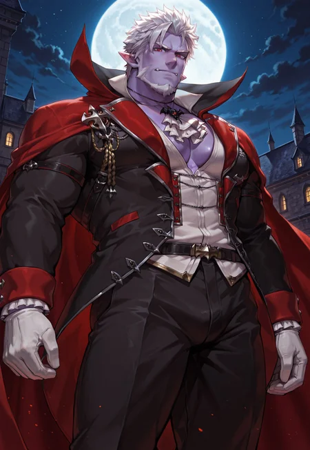 very awa,masterpiece,best quality,absurdres,newest,perfect quality,detailed background,intricate details,male focus,facial hair,muscular,bara,large pectorals,serious face,detailed background,puffy muscle,black jacket,white shirt,white gloves,vampire cloak,necklace,black pant,strap,beard,red eyes,white hair,standing on a castle roof,night sky,moon shine in background,dim lighting,back lighting,strap,purple skin,detailed face,perfectly drawn face,fangs