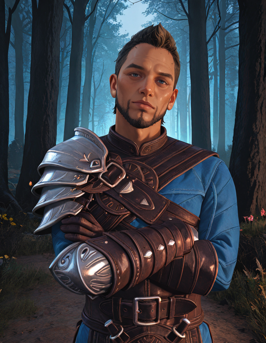 masterpiece, best quality, absurdres, newest, perfect quality, best quality, absolutely eye-catching, detailed background, intricate details, male focus, solo, realistic, <lora:Dragon Age Veilguard - Warden Tomasz - Illustrious_2-000004:0.8>, wtomasz, short hair, dark blonde hair, 1boy, mature male, blue eyes, looking at viewer, head tilt, no mustache, single pauldron, leather tunic, leather gauntlets, chest belt, leather belt, outdoors, forest, trees, flowers, upper body, crossed arms, head tilt, looking at viewer, contrapposto