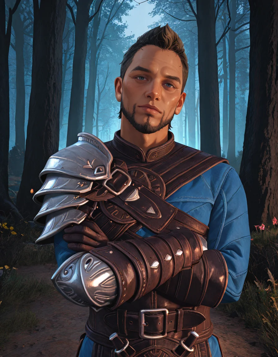 masterpiece, best quality, absurdres, newest, perfect quality, best quality, absolutely eye-catching, detailed background, intricate details, male focus, solo, realistic, <lora:Dragon Age Veilguard - Warden Tomasz - Illustrious_2-000004:0.8>, wtomasz, short hair, dark blonde hair, 1boy, mature male, blue eyes, looking at viewer, head tilt, no mustache, single pauldron, leather tunic, leather gauntlets, chest belt, leather belt, outdoors, forest, trees, flowers, upper body, crossed arms, head tilt, looking at viewer, contrapposto