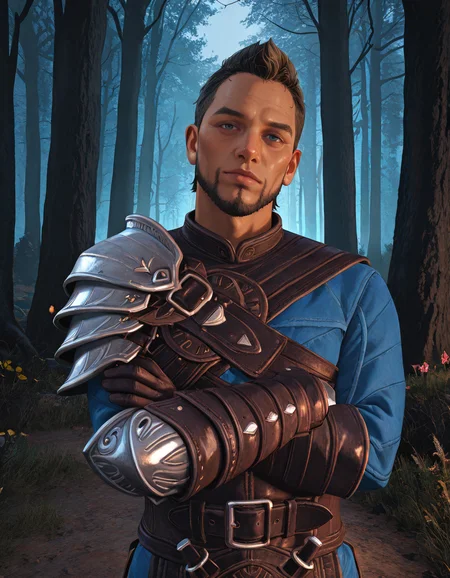 masterpiece, best quality, absurdres, newest, perfect quality, best quality, absolutely eye-catching, detailed background, intricate details, male focus, solo, realistic, <lora:Dragon Age Veilguard - Warden Tomasz - Illustrious_2-000004:0.8>, wtomasz, short hair, dark blonde hair, 1boy, mature male, blue eyes, looking at viewer, head tilt, no mustache, single pauldron, leather tunic, leather gauntlets, chest belt, leather belt, outdoors, forest, trees, flowers, upper body, crossed arms, head tilt, looking at viewer, contrapposto