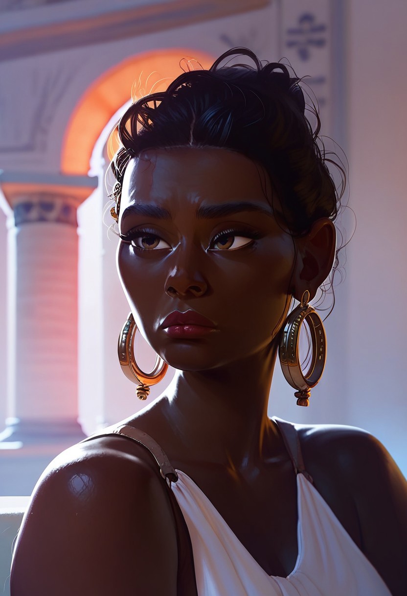 score_9, score_8_up, score_7_up, score_6_up, score_5_up, 1girl, ancient temple, dark skin, IntenseExpression, defiant,