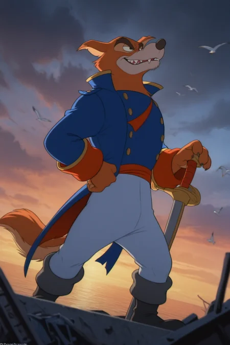 masterpiece, best quality, amazing quality, photorealism, cinematic lighting, front view, solo, male focus,  
1boy, canine, furry, d0nkarnage, red wolf, anthro, broad shoulders, thick brown eyebrows, confident expression, smirk, sharp fangs slightly visible, tail swishing, standing tall,  
wearing a blue captain's coat with red and gold accents, light blue pants, black boots, white undershirt slightly visible, leather belt, sword sheathed at hip, one hand resting on the hilt, pirate leader stance, wind slightly ruffling coat,  
background: stormy ocean cliffside, crashing waves, shipwreck debris, dark storm clouds rolling in, dramatic lighting, torn pirate flags in the distance, misty air, seagulls flying overhead, cinematic depth of field, adventure atmosphere  
<lora:waiNSFWIllustrious_v110:1> <lora:Don_Karnage_iLL:1>