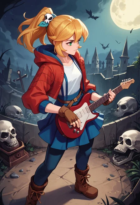 score_9, score_8_up, score_8, 1girl, electric guitar, holding guitar, field of view, dynamic pose, dynamic angle, detailed backgrounding , standing in crypt, dark crypt, nighttime, moonlight,
rift cadence, rift cadence, solo, skirt, blonde hair, shirt, hair ornament (skull), gloves, green eyes, jacket, suspenders, ponytail, pantyhose, boots, open clothes, belt, hood, fingerless gloves, open jacket, blue skirt, brown footwear, red jacket, brown gloves, (masterpiece, detailed:1.2), Dark Fantasy page