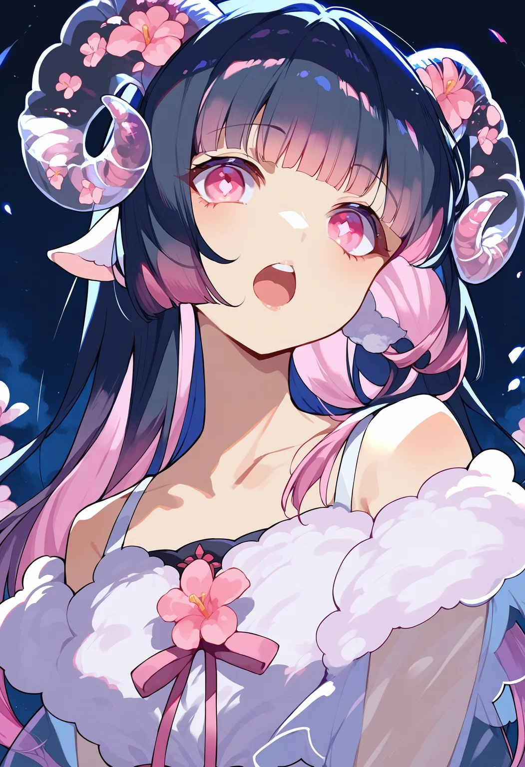 score_9, score_8_up, score_7_up, score_6_up, source anime,
sheep girl, translucent sheep horns, flower, sheep ears, portrait,
black hair, pink hair, hime cut, gradient hair, multi-tied hair,
star-shaped pupils, pink eyes,
open mouth, upper teeth only, looking at viewer,
black background, backlighting, night, night sky, dappled moonlight
<lora:monmusu_sheep_girl_pony_v14:1>