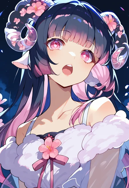 score_9, score_8_up, score_7_up, score_6_up, source anime,
sheep girl, translucent sheep horns, flower, sheep ears, portrait,
black hair, pink hair, hime cut, gradient hair, multi-tied hair,
star-shaped pupils, pink eyes,
open mouth, upper teeth only, looking at viewer,
black background, backlighting, night, night sky, dappled moonlight
<lora:monmusu_sheep_girl_pony_v14:1>