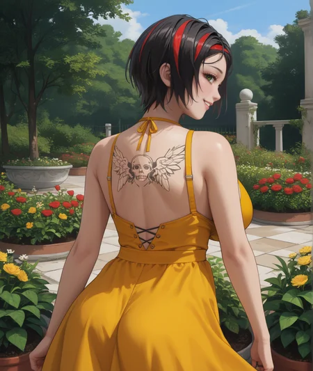 score_9, score_8, score_7, score_6_up, source_anime,
BREAK
1girl, crownikke, short hair, black hair, streaked hair, curvy, huge breasts,chest tattoo, stomach tattoo, from behind, yellow sundress, garden, day, sunshine, smile, looking back
<lora:crownikke-ravenfoot-v1.2final-CAME:1>