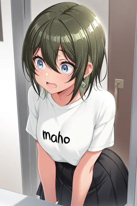 masterpiece, best quality, amazing quality,
<lora:Maho_IL:1> maho, 1girl, solo, skirt, open mouth, short sleeves, shirt, jewelry, multicolored hair, white shirt, green hair, blue eyes, bangs, black skirt, hair between eyes, pleated skirt, casual