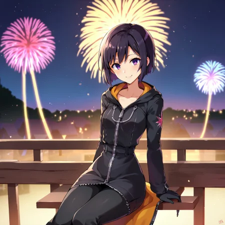 score_9, score_8_up, 1girl, xion, solo, flat chest, small breasts, , xion watching the fireworks, night, short hair, black hair, black coat, wide hips, narrow waist, closed coat, zipper, black pants, black gloves <lora:XionSDXL:1> <lora:BlushySDXL:1>, takeda hiromitsu style, smiling, fireworks, festival, twilight town, village, sitting on a bench watching the fireworks