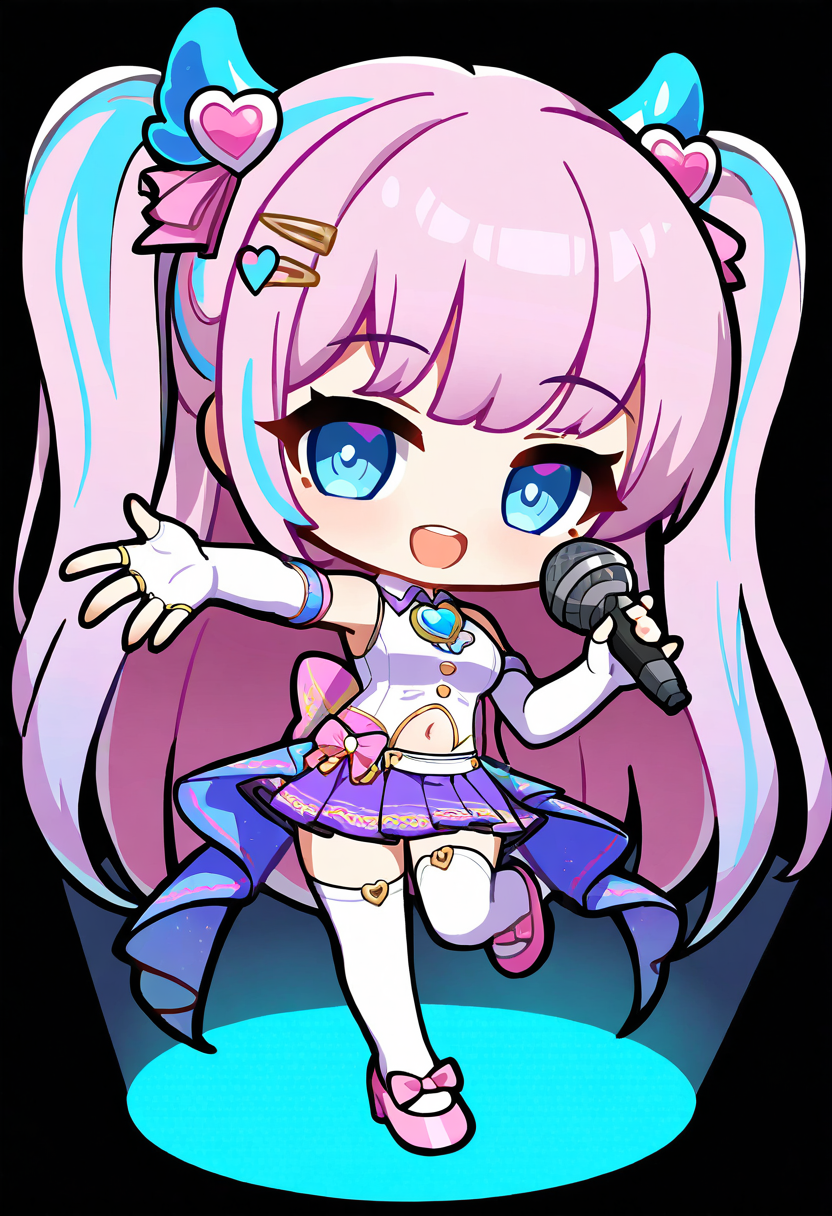 masterpiece, best quality, newest, absurdres, highres,chibi,1girl, blue horns, holding microphone, solo, thighhighs, pink hair, white thighhighs, skirt, holding, heart hair ornament, horns, long hair, gloves, navel, microphone, full body, two side up, smile, purple skirt, open mouth, breasts, transparent background, pleated skirt, sleeveless, standing, white gloves, pink footwear, standing on one leg, looking at viewer, shirt, heart, zettai ryouiki, shoes, upper teeth only, sleeveless shirt, bow, blue eyes, ribbon, hair ornament, gem, very long hair, miniskirt, pinky out, wings, hair ribbon, teeth, bare shoulders, collared shirt, white shirt, pink bow, :d, simple background, elbow gloves, white background, idol, tachi-e, high heels, footwear bow, pink ribbon, medium breasts, leg up, navel cutout, outstretched arm, detached sleeves, waist cape, streaked hair, multicolored hair, hairclip, blue hair, fingerless gloves, mary janes, blue gemstone, jewelry, sparkle,<lora:maplestory-000011prodigy:1>