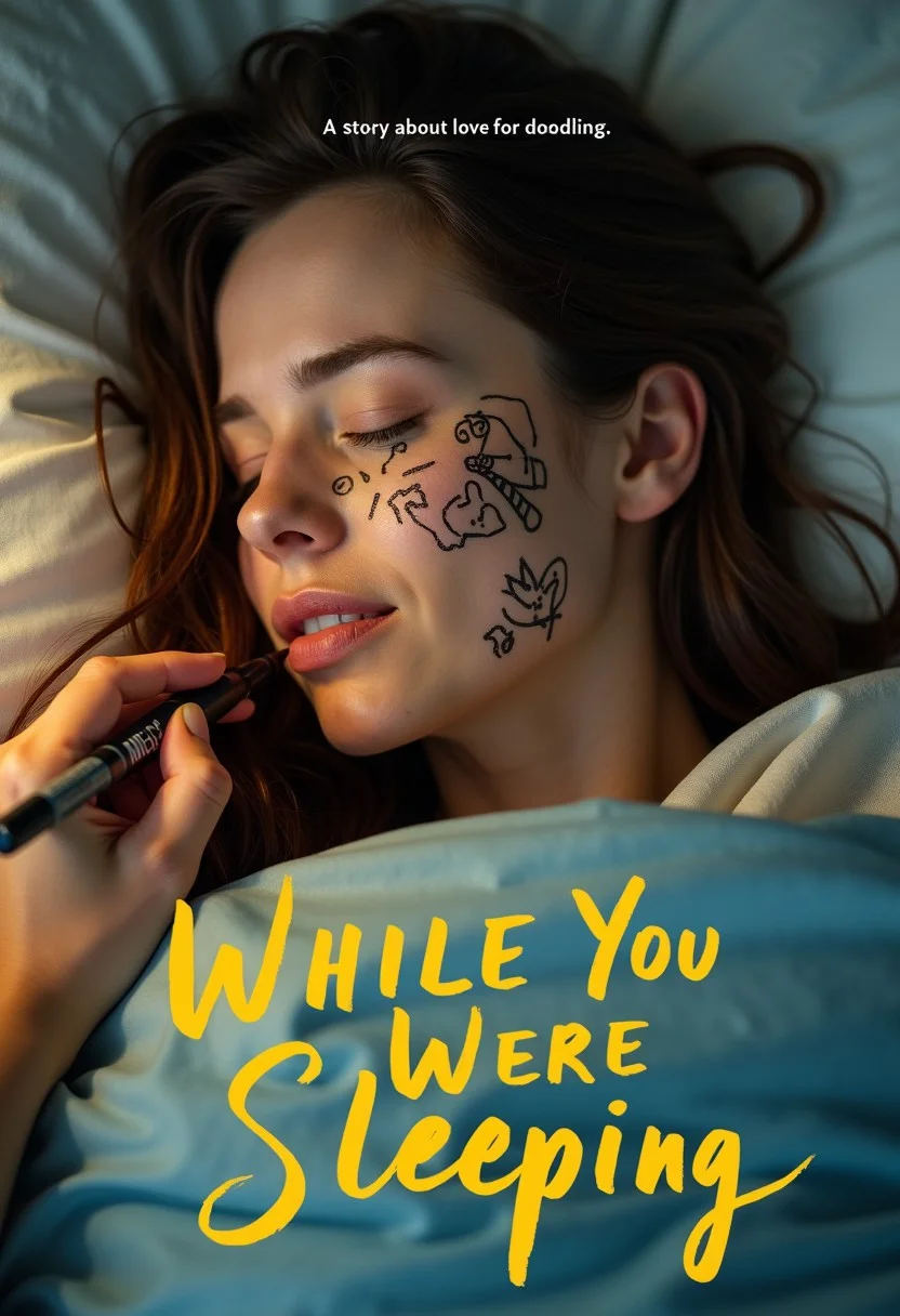 a movie poster titled "While You Were Sleeping" in yellow lettering on the poster's bottom, include a subtext that reads: "A story about love for doodling" below the title in white lettering, featuring a close-up headshot of woman in her thirties soundly asleep in bed, she has long brunette hair, a person who is offscreen is drawing doodles on her face with a black marker, photo-realistic