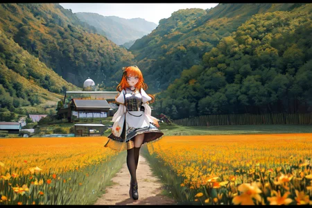 (otherworldly), highly insanely detailed, masterpiece, top quality, best quality, highres, 4k, 8k, RAW photo, (very aesthetic, beautiful and aesthetic), farm, fields, barn, fence, fantfa, <lora:FantasyFarm-10:0>,
1girl,
(orange hair,floral patterns hair,orchid hair ),
(dark background),âââ