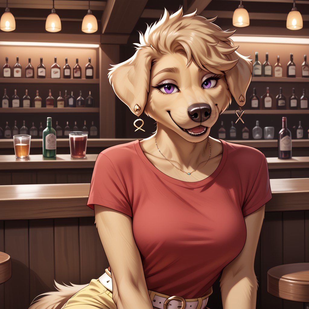 score_9, score_8_up, score_7_up, score_6_up, nuzzo, realistic, highres, super high resolution, 8k, photo, FMIXF, fluffy fur, vibrant details, eyeliner, ClaraM, blonde fur, blonde body, blonde hair, short hair, purple eyes, earrings, red shirt, white belt, yellow shorts, black nose, tail, dog girl, golden retriever, open smile, sitting, bar,