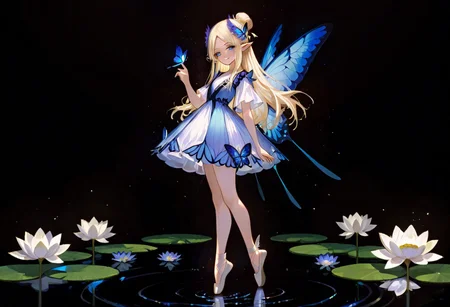 masterpiece, best quality, good quality, very aesthetic, absurdres, newest,1girl, solo, long hair, looking at viewer, smile, blue eyes, blonde hair, hair ornament, dress, closed mouth, standing, full body, white hair, flower, short sleeves, wings, pointy ears, hand up, hair flower, white dress, hair bun, water, high heels, parted bangs, bare legs, blue dress, white footwear, white flower, single hair bun, black background, bug, head wings, butterfly, light particles, blue flower, fairy wings, fairy, tiptoes, dark background, ripples, insect wings, blue butterfly, butterfly wings, wing hair ornament, lily pad, lotus, butterfly on hand, ballet slippers, glowing butterfly, 748cmstyle