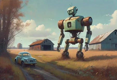 (((ultra high quality photo:1.8))) "vast overgrown field, extremely huge decrepit android, , aged and neglected appearance, advanced technology remnants, natural overgrowth, contrast between nature and forgotten futuristic elements" a rusted car next to the robot, barn in the distance, Simon Stlenhag Style, photo in phst artstyle, film photography style, light grain, medium grain, heavy grain